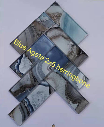Blue Agate 2x6 Herringbone Glass Mosaic Tiles In Canada In stock Mosaic Distributor