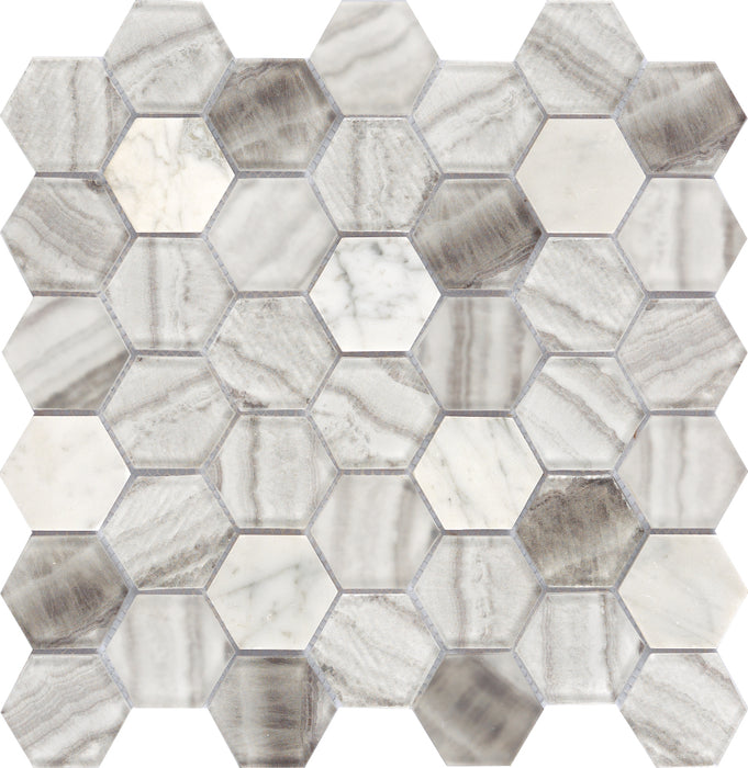 Premium Quality Grey White Hexagon Marble Glass Mosaic Tiles