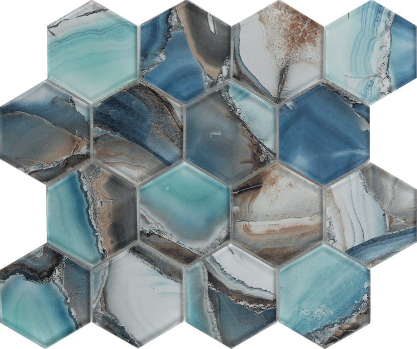 European And American Style Kitchen wall Blue Agate Hexagon Mosaic Glass