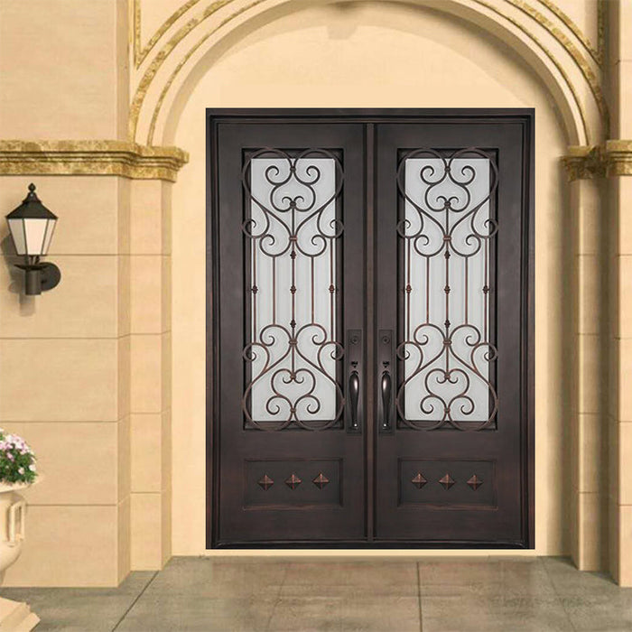 French Double Simple German Main Entrance Arch Glass Doors Grill Design Front Wrought Iron Door