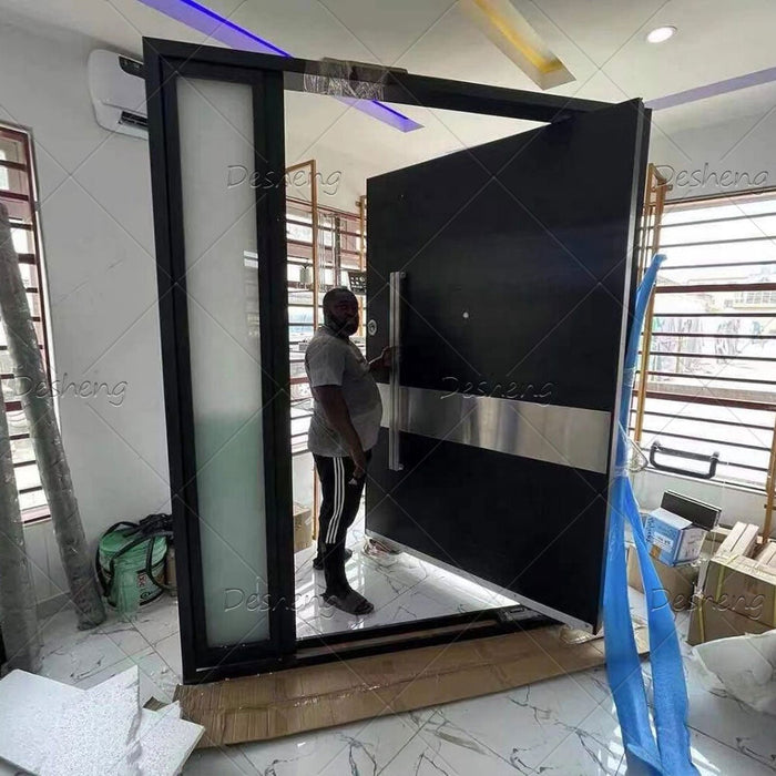 Automatic Revolving Durable System Control Single Panel Flush Design Dark Grey Aluminium Pivot Door