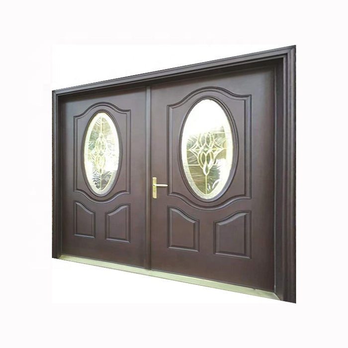 Luxury Design Exterior Mahogany Stainless Steel Gate Solid Wood Glass Double Swing Main Door Wrought Iron Entry Door