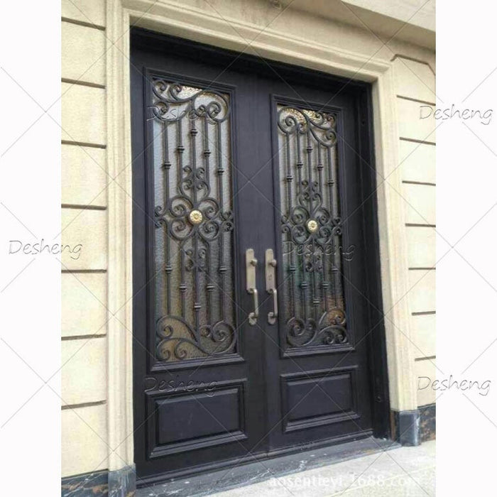 High Quality Villa Customized Big Front Doors With Sidelight Wrought Iron Exterior Double Door