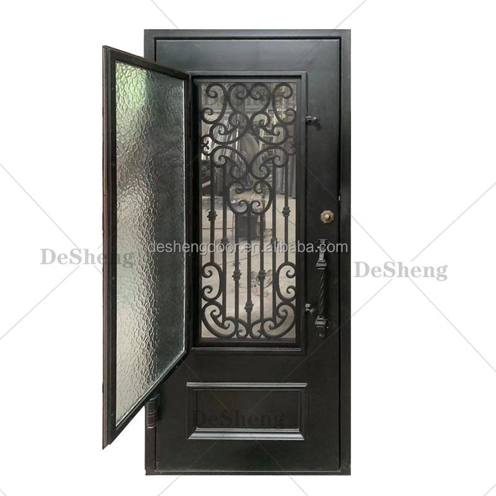 China Supplier High Quality Exterior Wrought Iron Front Door Luxury Single Main Entrance with Opening Window for House