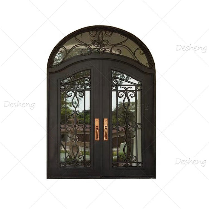 European Classical Villa Main Entry Door Exterior Arch Double Wrought Iron Entrance Front Doors for House
