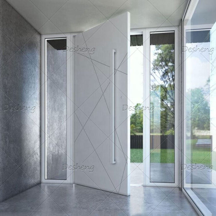 Foyer Slim Frame Pure White Color Simple Lines Decorative Long Handles Lobby Pivoting Entrance Door