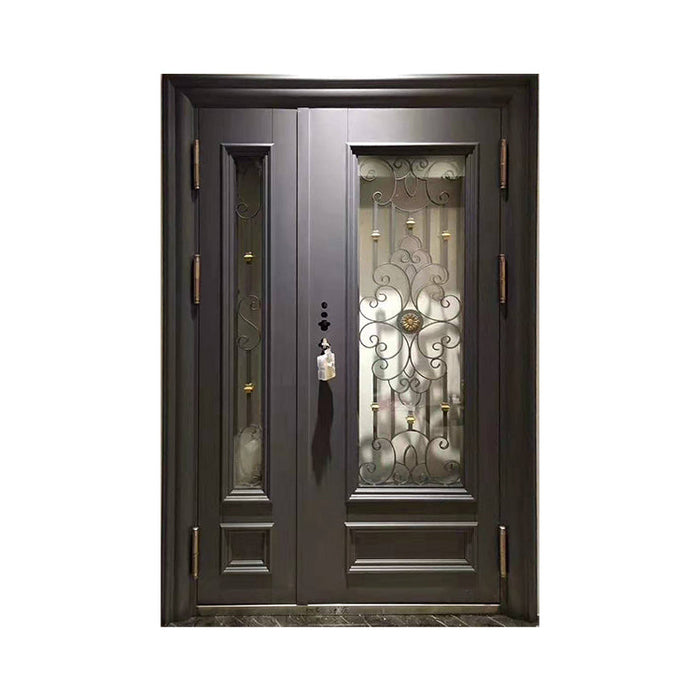 French Double Simple German Main Entrance Arch Glass Doors Grill Design Front Wrought Iron Door