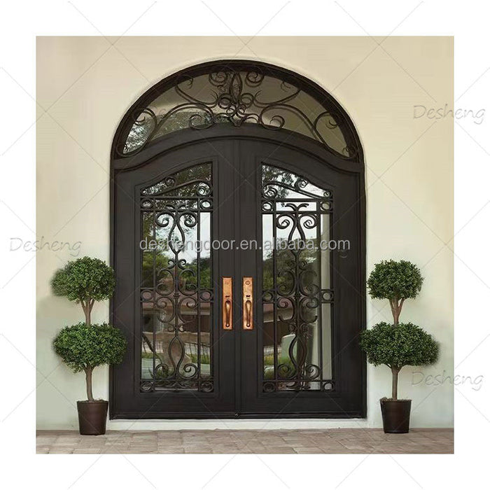 American Villa Main Entry Door Exterior Rustic Arch Decorative Double Wrought Iron Entrance Front Doors