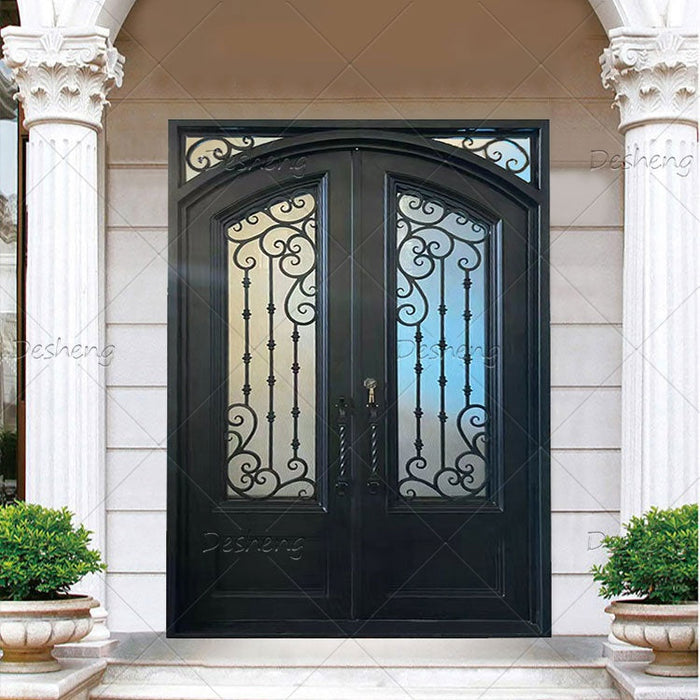 European Contemporary Style Villa Doors Glass Entrance Double French Wrought Iron Door