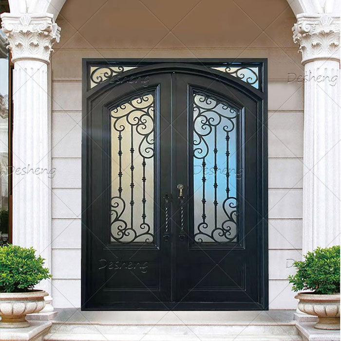 French Designs Outside Swing Open Glass Villa Security Double Doors Wrought Iron Entry Door
