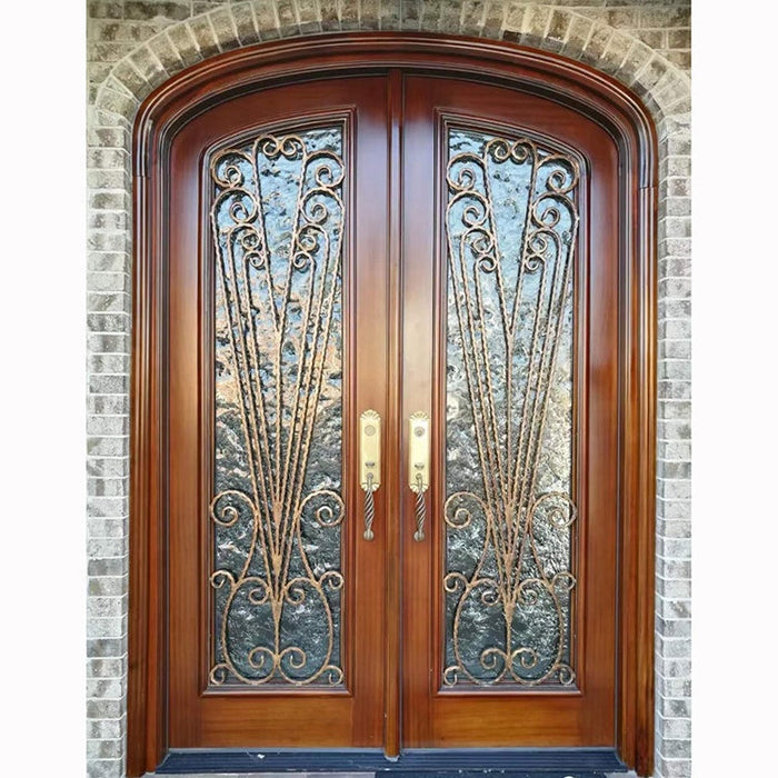 Front French Entrance Main Villa Wood Double Main Entry Glazed French Door Exterior Double Arched Iron Wood Door