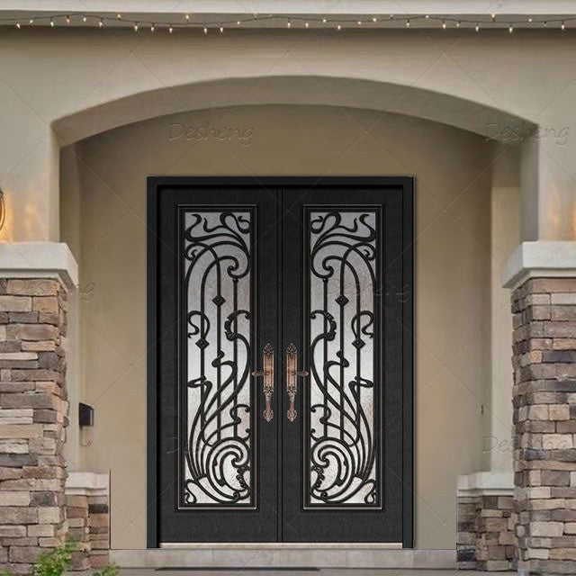 French Designs Outside Swing Open Glass Villa Security Double Doors Wrought Iron Entry Door