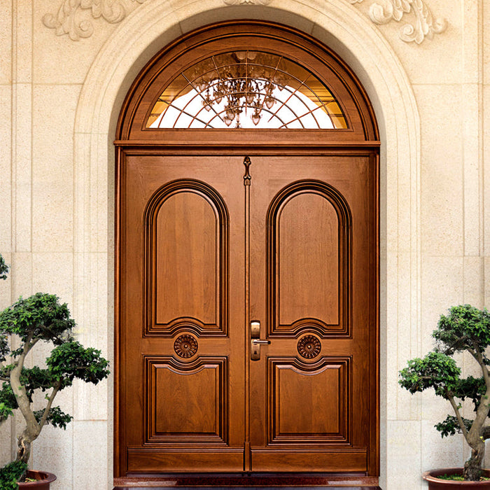 China Dome Solid Wood Door Exterior Front Entry House Main Double Wooden Doors for Houses