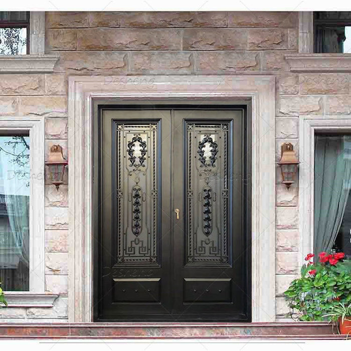 French Designs Outside Swing Open Glass Villa Security Double Doors Wrought Iron Entry Door