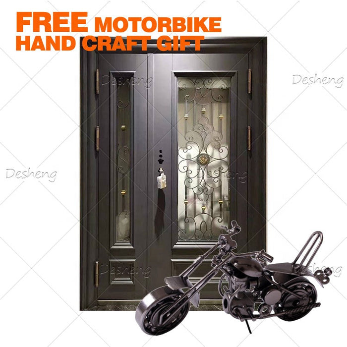 High Quality Villa Customized Big Front Doors With Sidelight Wrought Iron Exterior Double Door