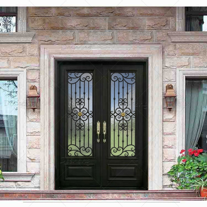 High Quality Villa Customized Big Front Doors With Sidelight Wrought Iron Exterior Double Door