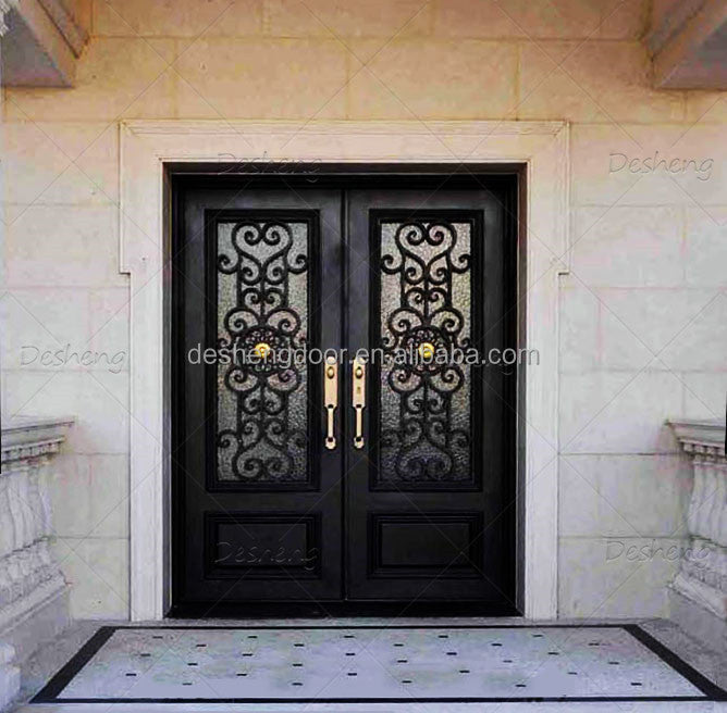 European Style Double External Door Custom Design Front Entry Doors Wrought Iron Peacock Double Exterior House Front Door