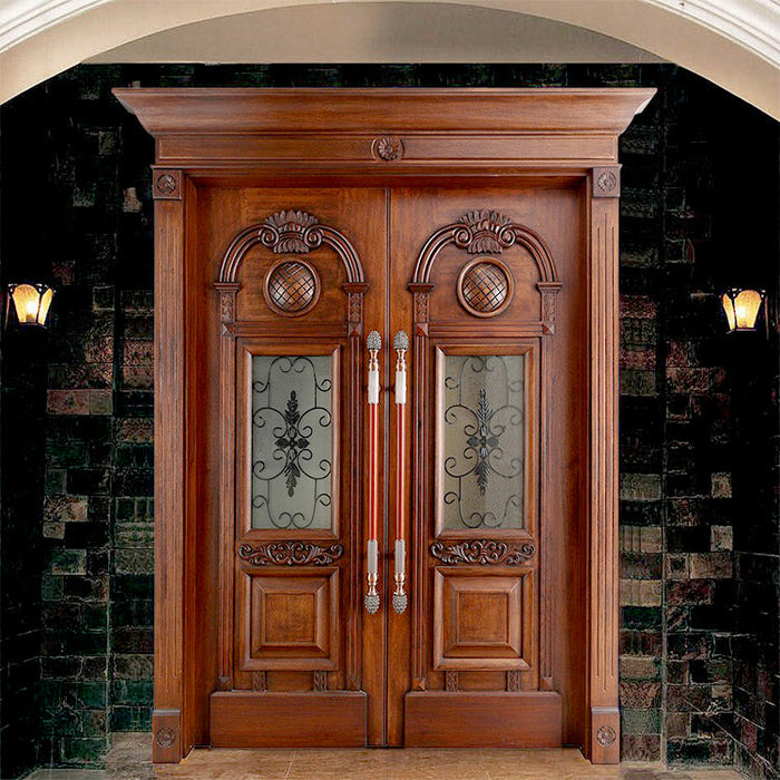 Factory supply solid wood exterior double door villa main door customized design wood glass entry doors