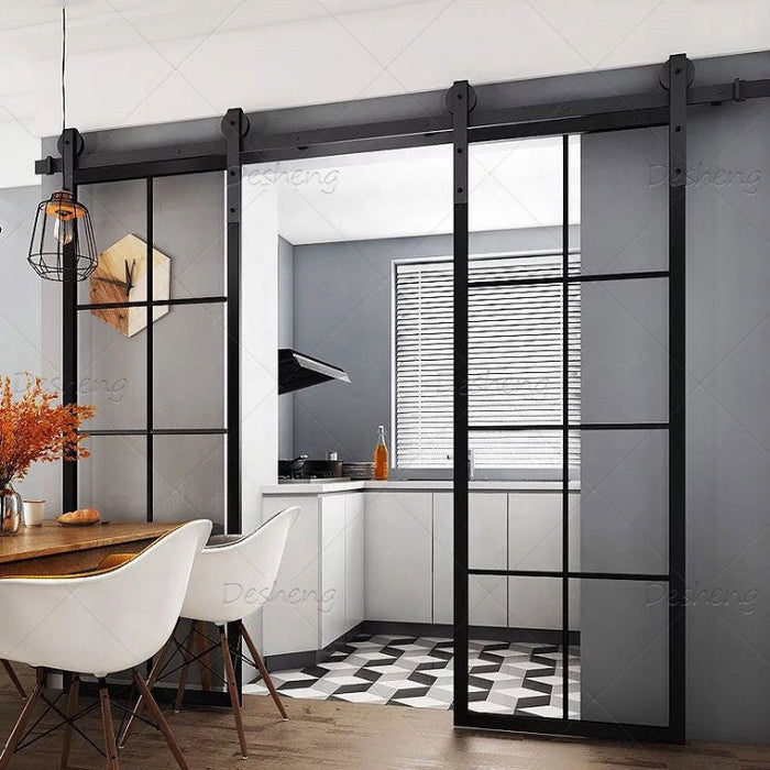 Customized Design Black Frame Tempered Glass House Room Door Barn Doors with Quality Door Hardware