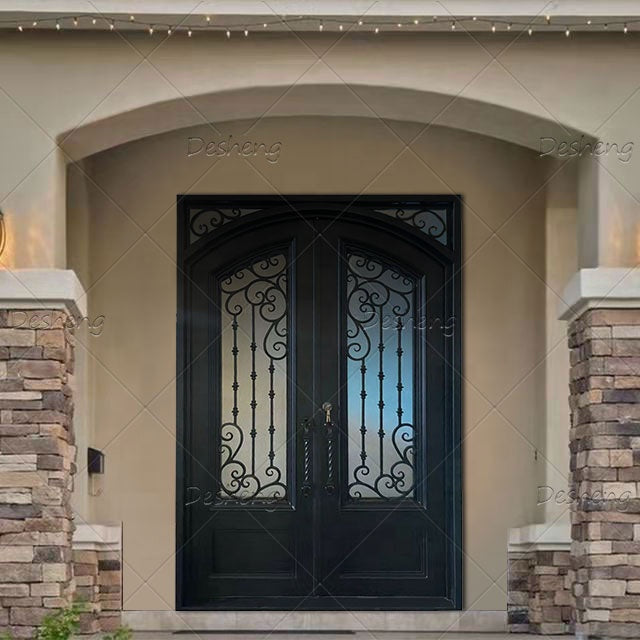 French Designs Outside Swing Open Glass Villa Security Double Doors Wrought Iron Entry Door