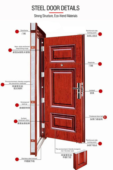 Double Style Popular Good Guality Main Doors Wooden Finished Iron Steel Door Design Main Entrance Door