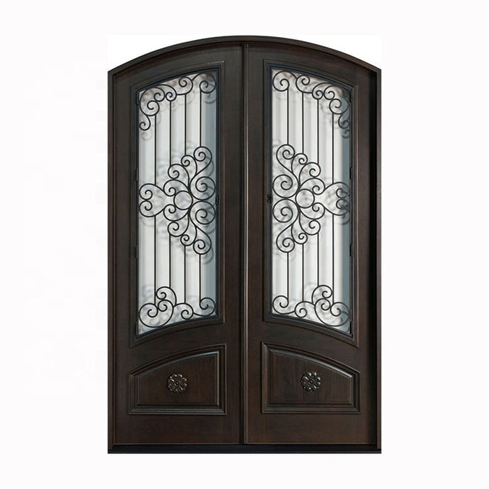 Exterior Solid Wood Mahogany Steel Flower Iron Gate Design Decorative Glass Glazing Wooden Double Main Door