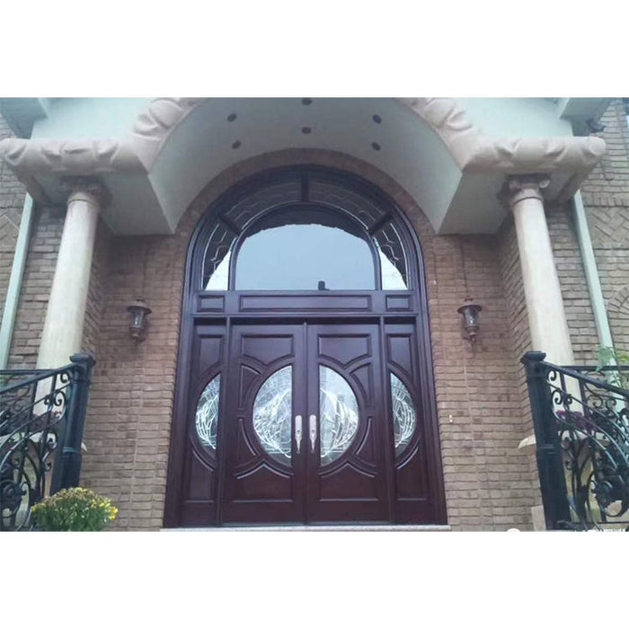 Antique Carved Arch Fashion Front Flower Double Wood Main Garage Doors Entry Double Wooden Door