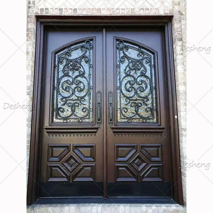 Exterior Solid Wood Mahogany Steel Flower Iron Gate Design Decorative Glass Glazing Wooden Double Main Door
