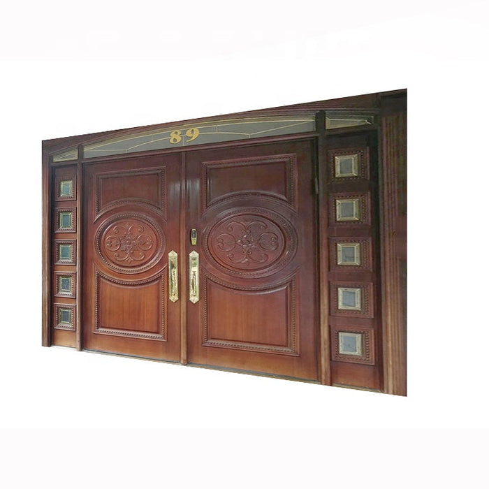 Antique Carved Arch Fashion Front Double Solid Teak Wood Main Garage Doors Entry Double Wooden Door