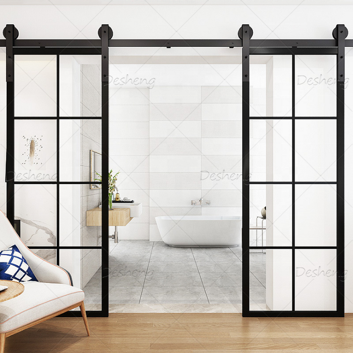 Frosted Aluminum Glass Interior Barn Door With Black Frame Swing French Style Barn Door for House