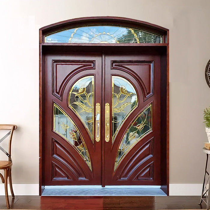 Factory Direct Hot Sale Hardwood Mahogany Wooden Door Customized Exterior Large Size Arch Doors