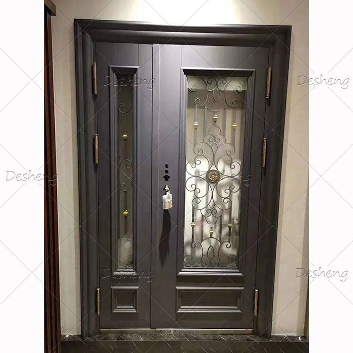 High Quality Villa Customized Big Front Doors With Sidelight Wrought Iron Exterior Double Door