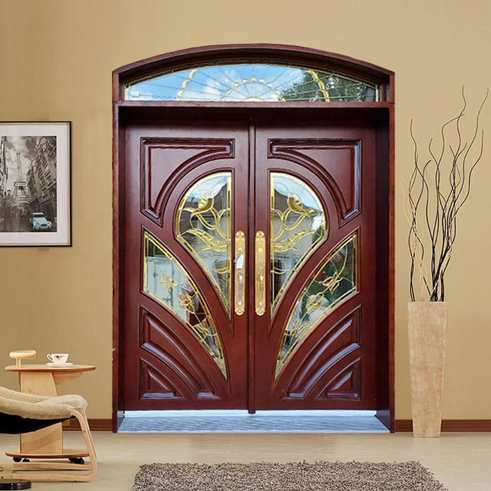 Factory Direct Hot Sale Hardwood Mahogany Wooden Door Customized Exterior Large Size Arch Doors