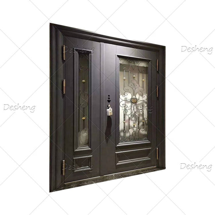 High Quality Villa Customized Big Front Doors With Sidelight Wrought Iron Exterior Double Door