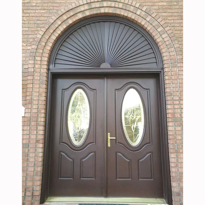 Antique Carved Arch Fashion Front Flower Double Wood Main Garage Doors Entry Double Wooden Door