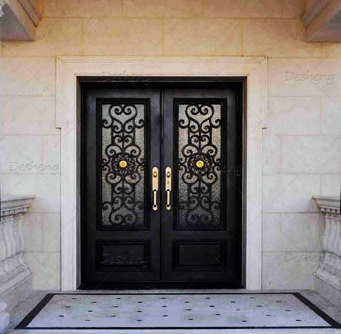 Entrance Iron Doors European Standard House Double Panels Swing Style Wrought Iron Door