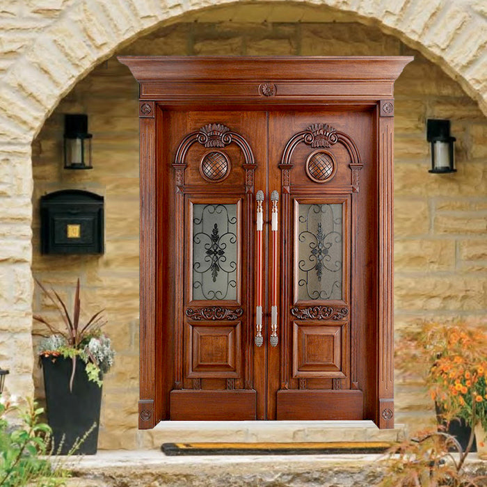 Factory supply solid wood exterior double door villa main door customized design wood glass entry doors